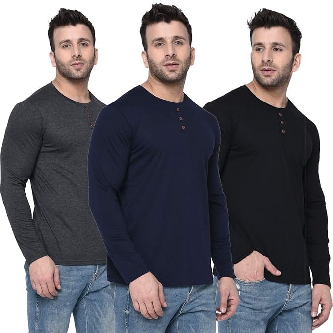 61tfaDUh0IL._SX679_.jpg Solid Men Regular Fit Full Sleeve Round Neck Cotton Blend T-Shirt (Pack of 3) - Image 1