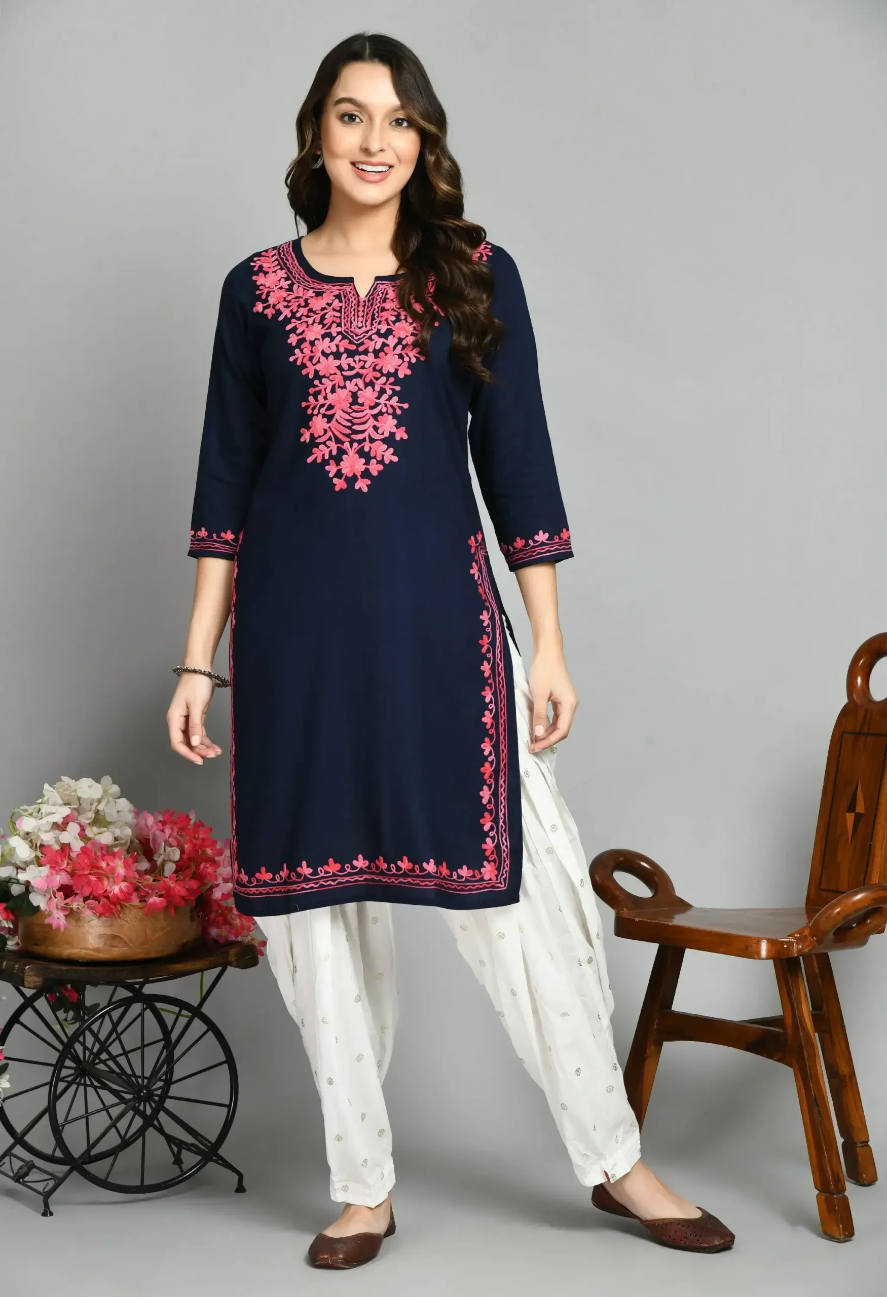 Blue-Pink-Aari-Long1-scaled-1.webp Blue Kashmiri Kurti - Image 1