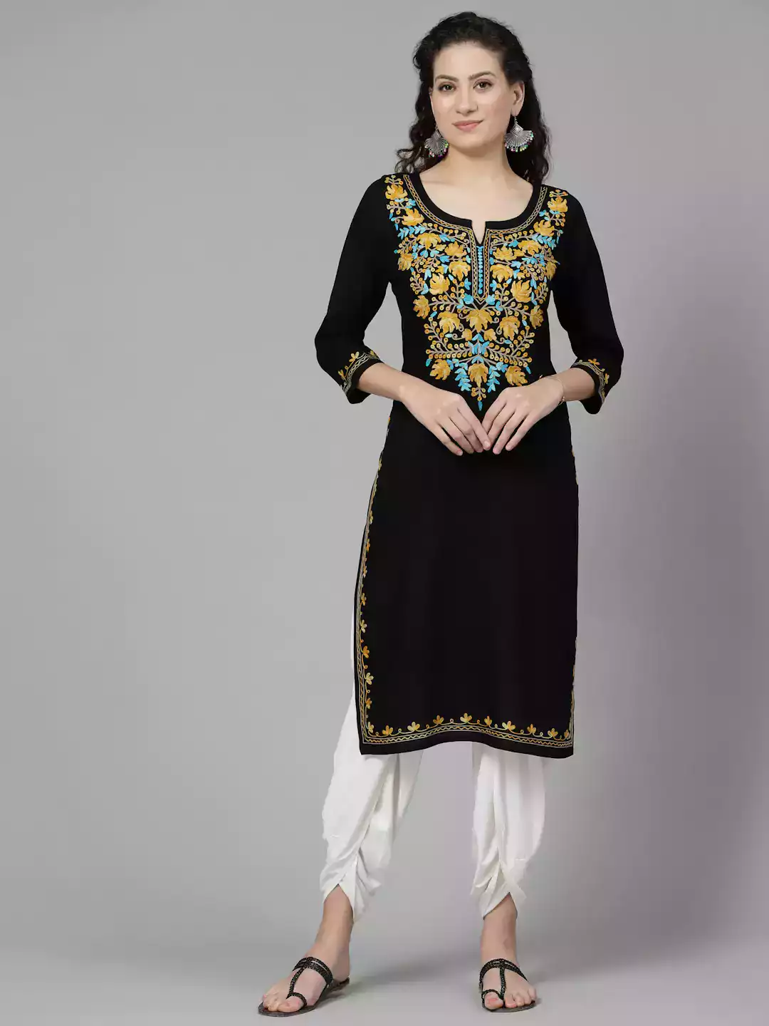 black-330-aari-long1.webp Black Kashmiri Chinarkari Kurti - Image 1