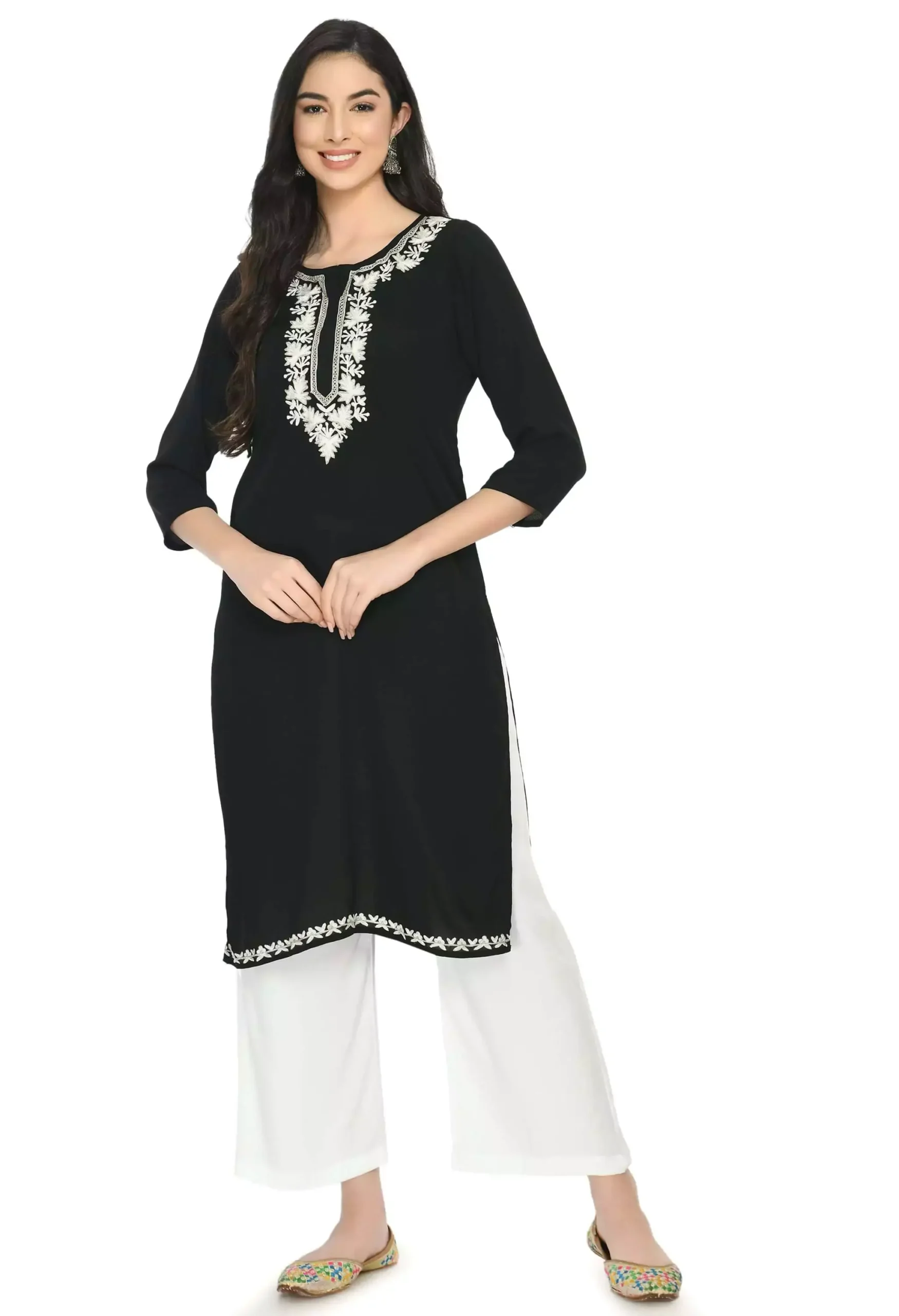 black-geogette-aari-long1-scaled-1.webp Black Zari Work Kashmiri Kurti - Image 1