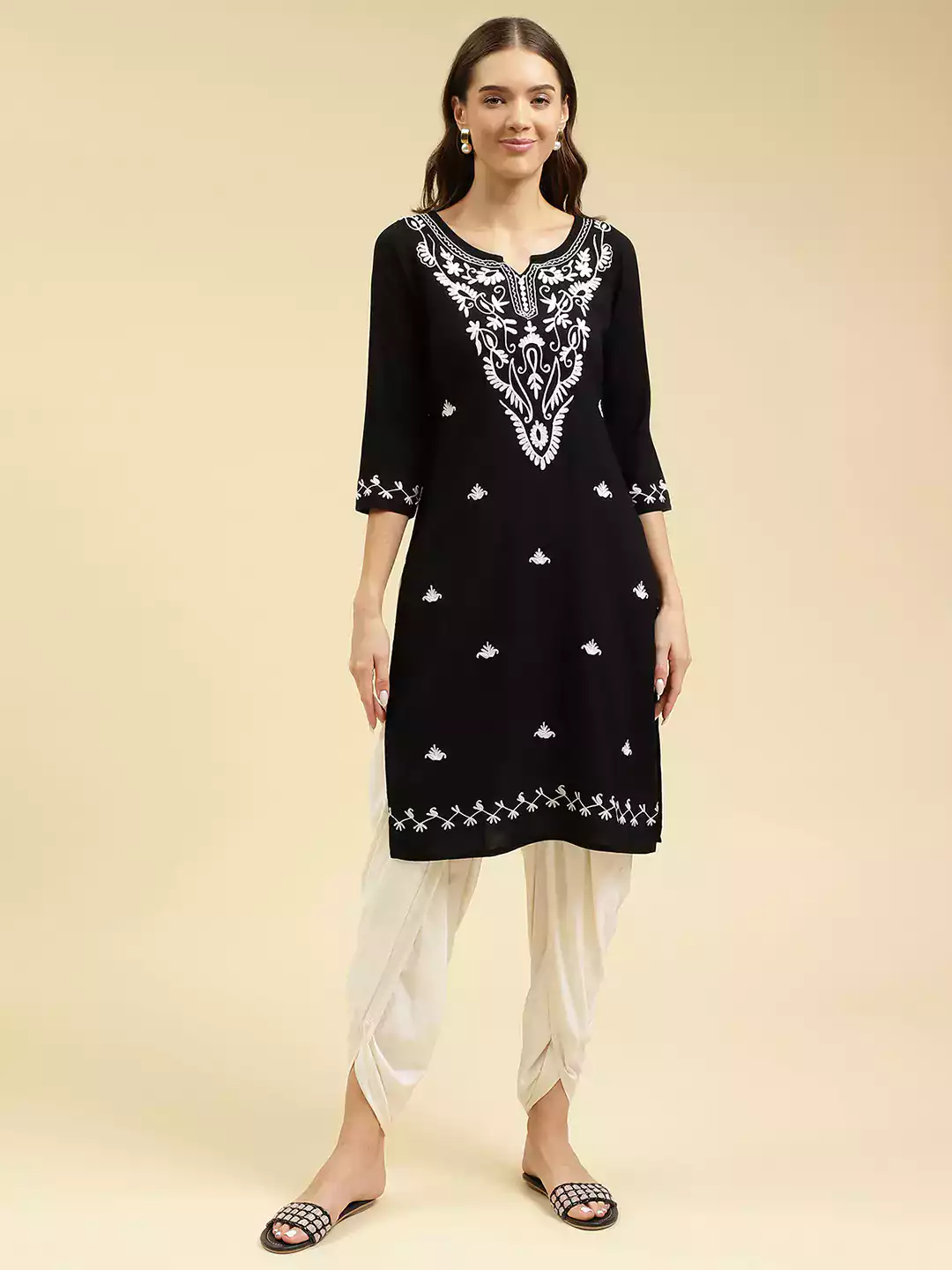 black-offwhite-boota-aari-long1.webp Black Kashmiri Kurti - Image 1