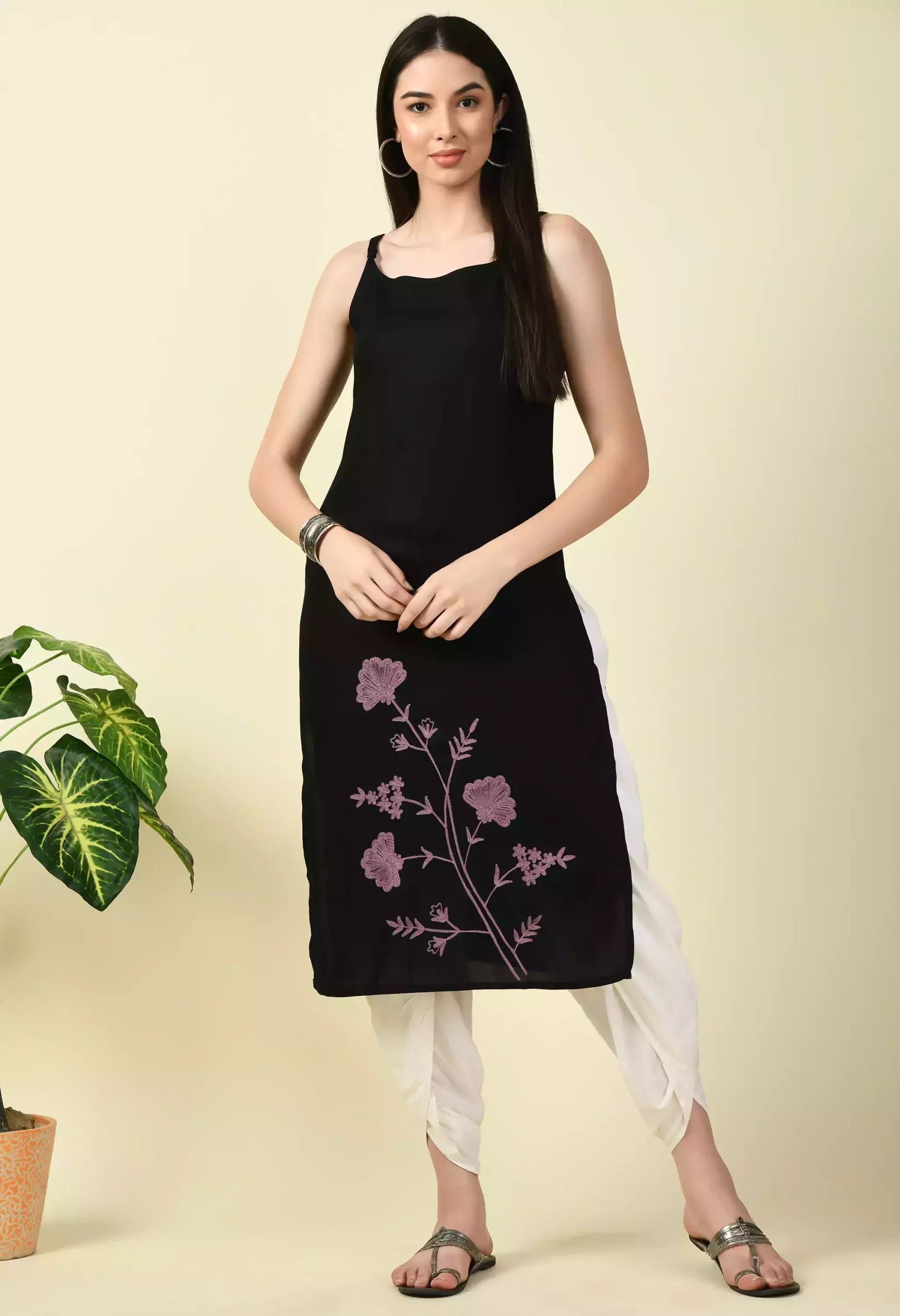 black-reel-sleevless-long1-scaled-1.webp Black Pashmina Work Sleeveless Kurti - Image 1
