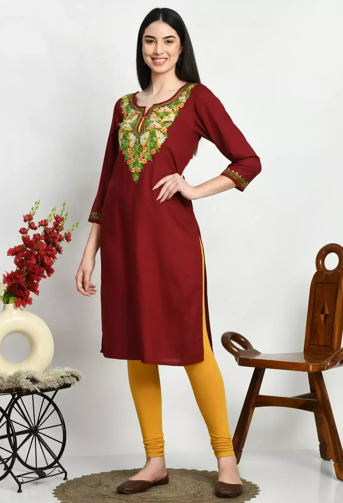 maroon-multi-aari-long1.webp Maroon Colored Multi Embroidered Kurti - Image 1