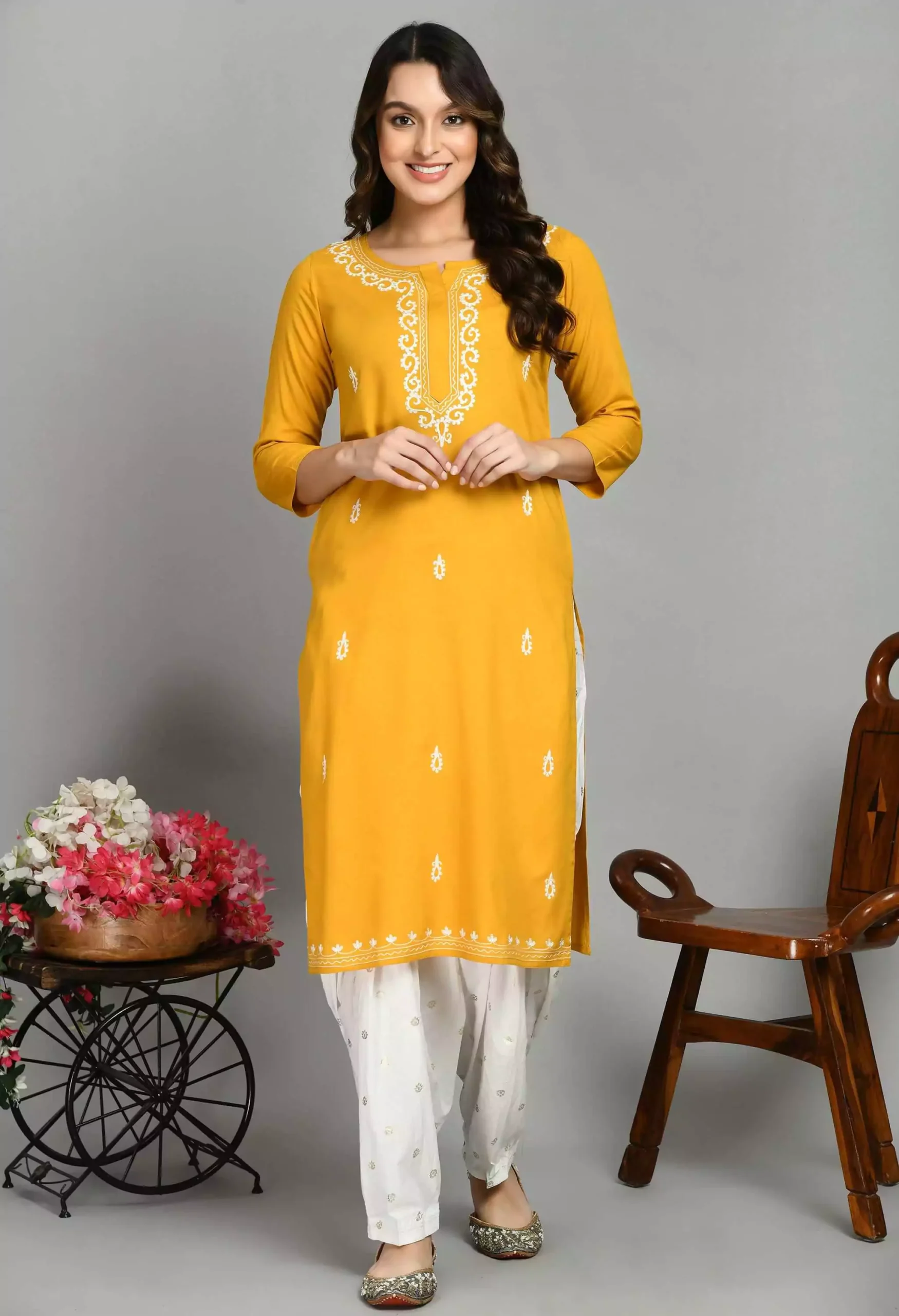 musturd-reel-boota-long1-scaled-1.webp Mustard Colored Pashmina Work Kurti - Image 1
