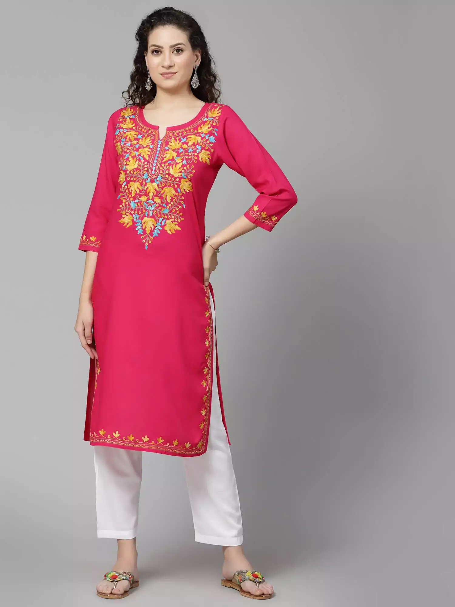 pink-330-aari-long1.webp Pink Kashmiri Chinarkari Kurti - Image 1