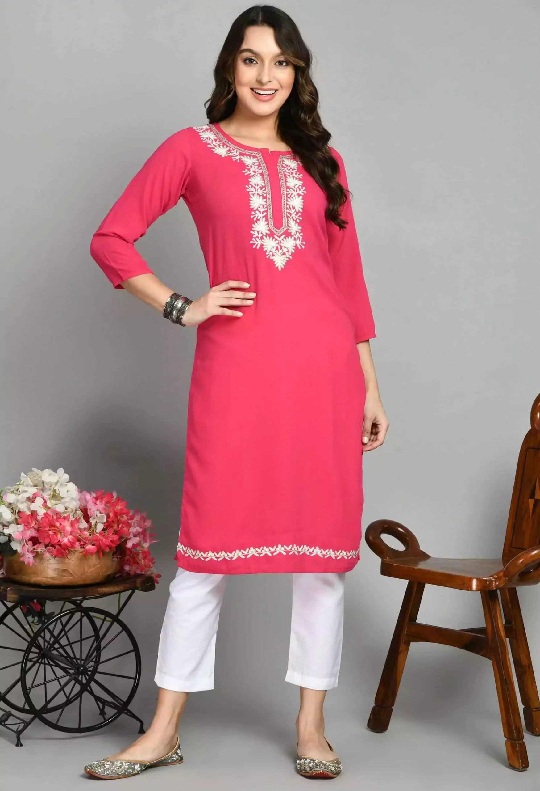 pink-geogette-aari-long1-scaled-1.webp Pink Zari Work Kashmiri Kurti - Image 1