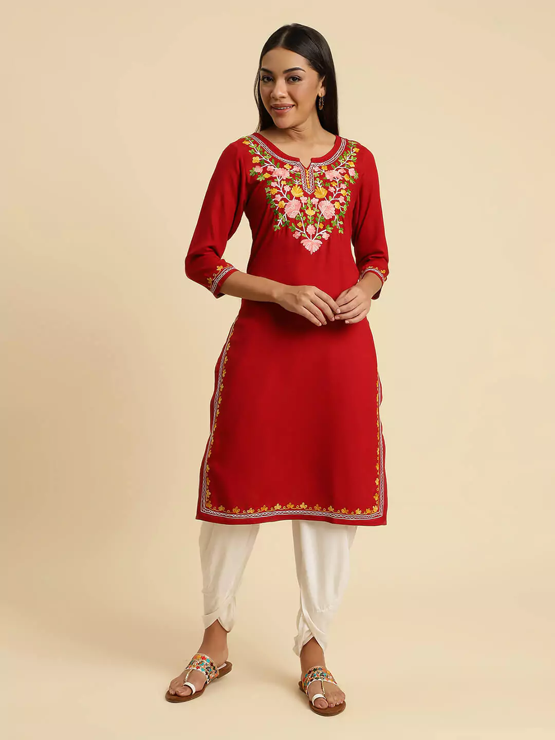 red-multi-long-aari1.webp Red Kashmiri Multi Colored Embroidered Kurti - Image 1