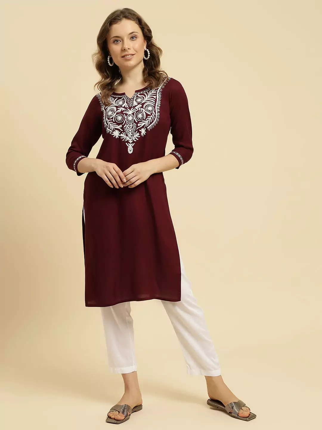 tjor-wine-long1-1.webp Wine Silk Embroidered Kashmiri Kurti - Image 1