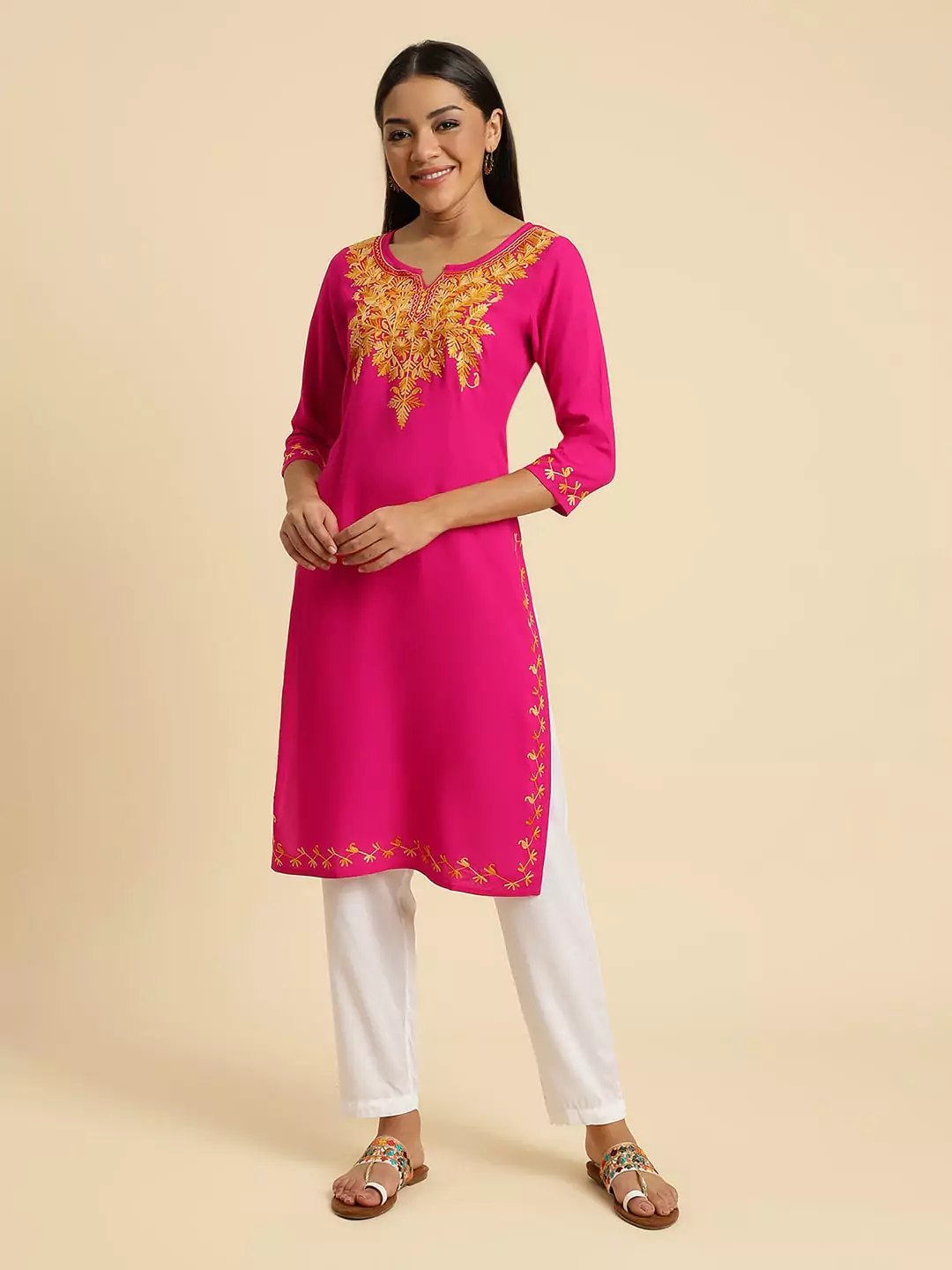 zeenat-aari-pink-long-kurti1-1.webp Zeenat Kashmiri Pink Kurti - Image 1