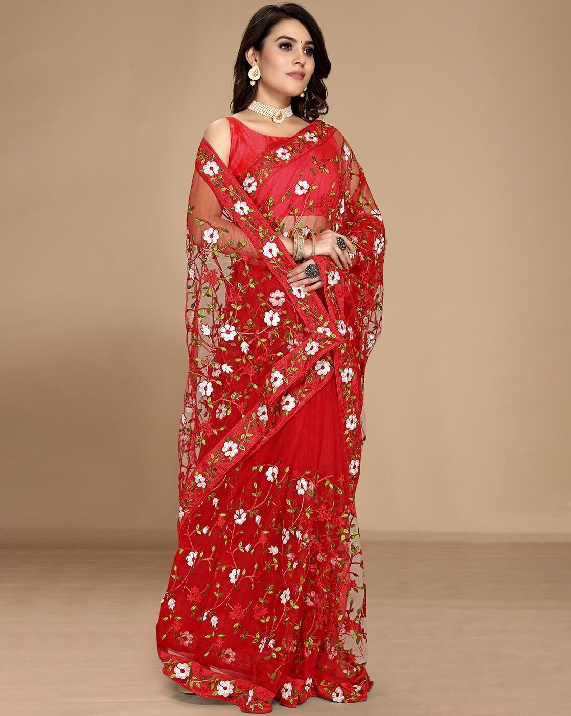 1117Wx1400H-466928952-red-MODEL3.jpg Women Embroidered Net Saree - Image 1