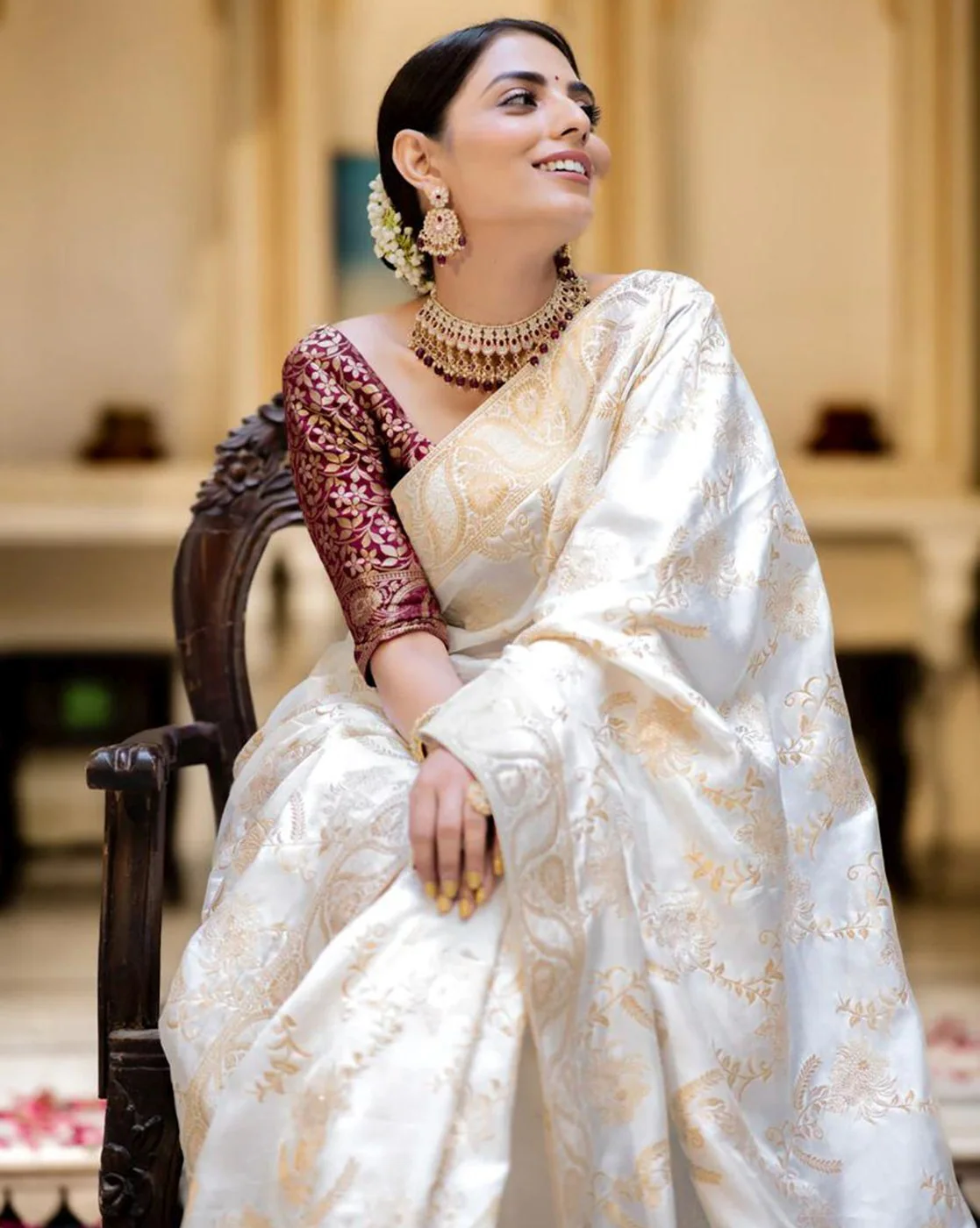 1117Wx1400H-700019007-white-MODEL4.webp Women Banarasi Silk Saree with Blouse Piece - Image 1